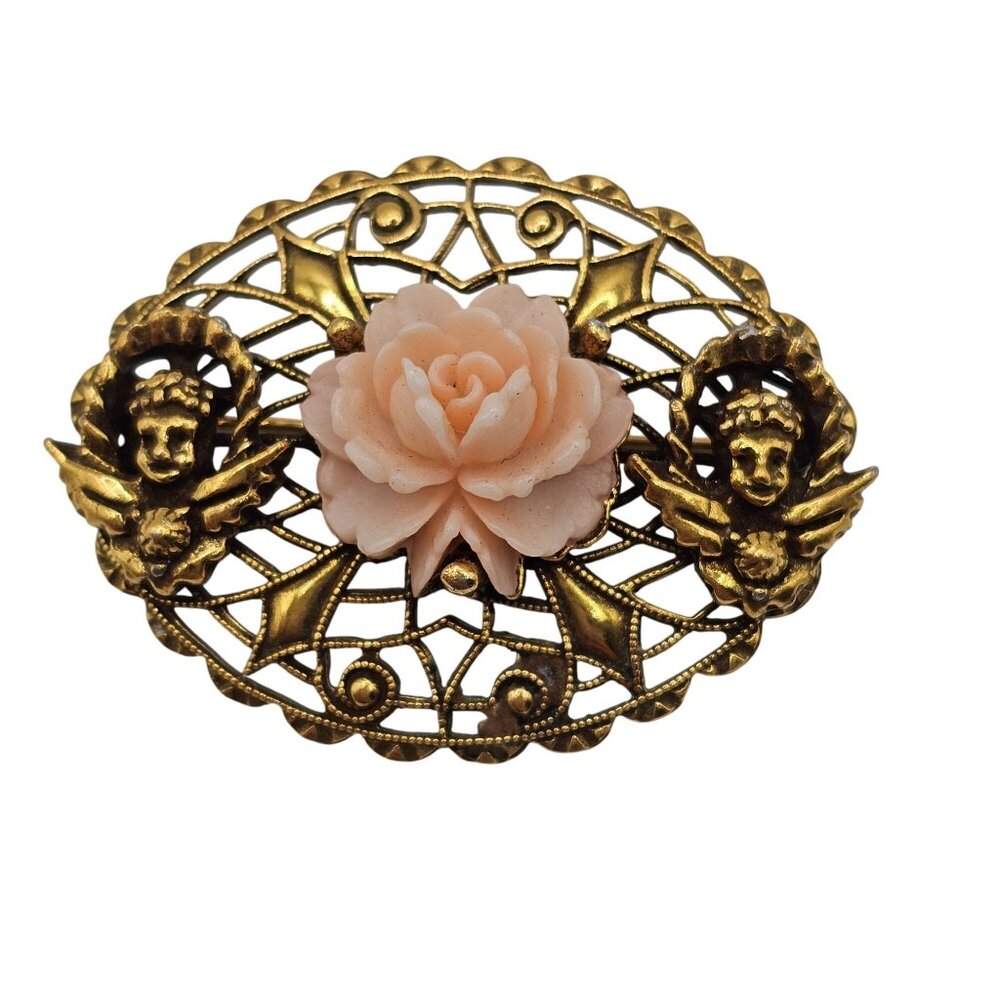 Victorian Style Brooch Pin Rose Filigree Floral Angel Cherub Gold Tone Vtg Lapel